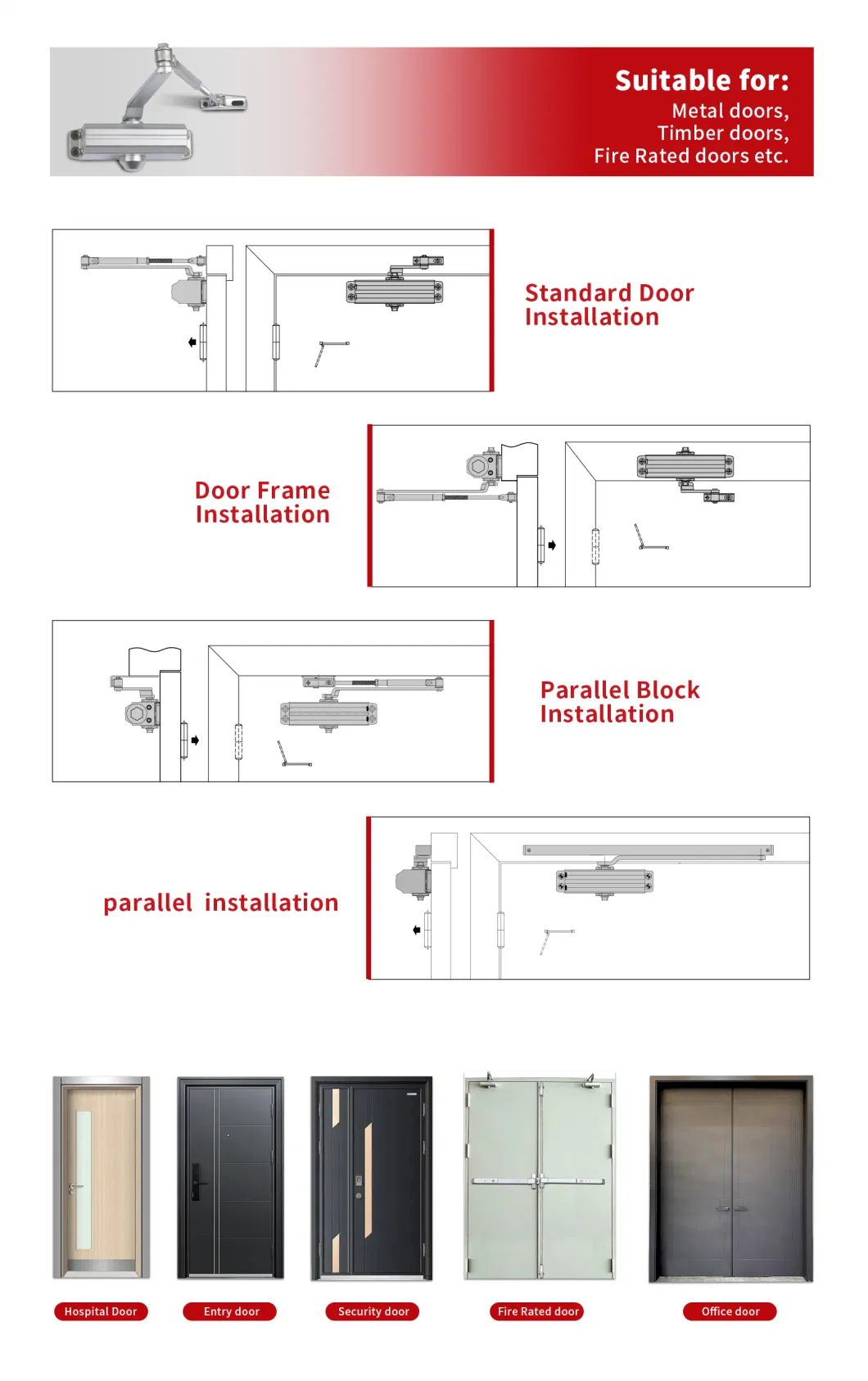 CE&UL Automatic Fireproof Commercial Fireproof Door Closer for 85-120kg Door (505)