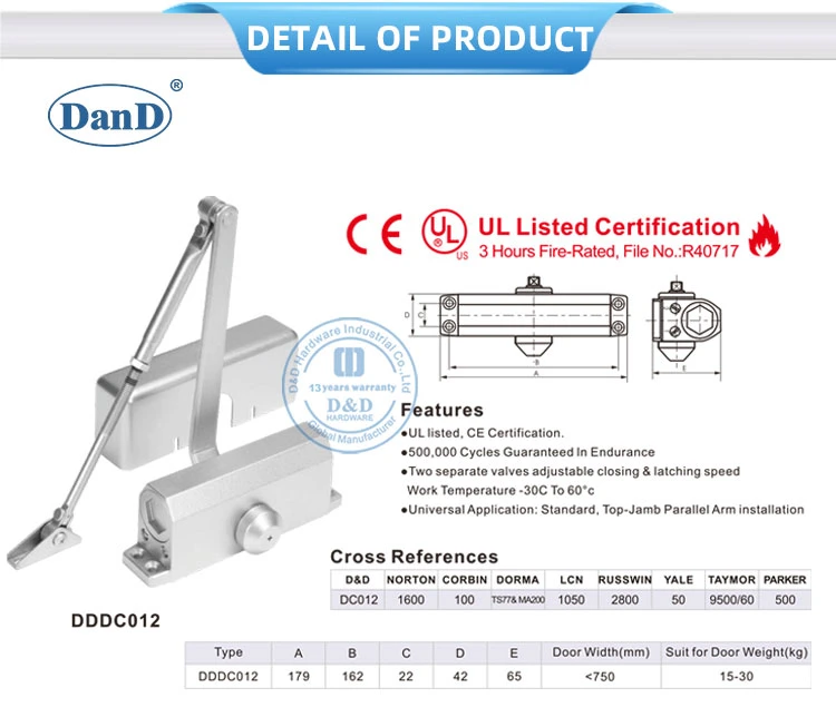 UL Listed -30º C to 60º C Aluminium Alloy Door Closer Accessories